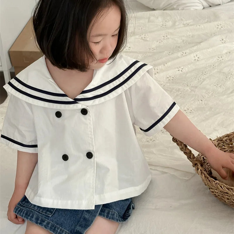 -キッズトップス ネイビーカラー 半袖シャツ ブラウス マリンスタイル 2カラー【mh0005926】 - mamahalo shop - 半袖シャツ・ブラウス -  べビー服 - 子供服 - 男の子 - 女の子