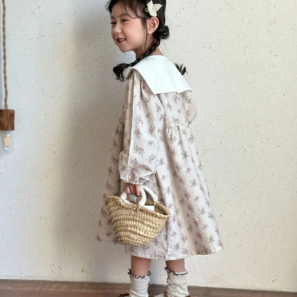 キッズワンピース フラワープリントセーラーカラー長袖ワンピース - mamahalo shop - 長袖ワンピース -  べビー服 - 子供服 - 男の子 - 女の子