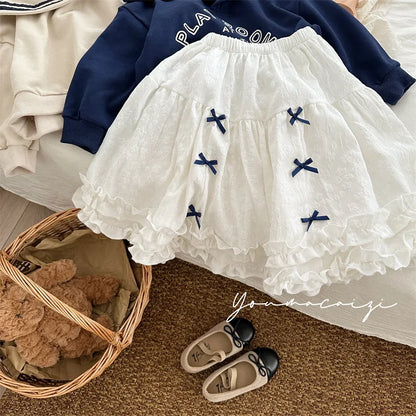 -キッズスカート 裾フリル ダブルリボン プリンセススカート ホワイト - mamahalo shop - スカート -  べビー服 - 子供服 - 男の子 - 女の子