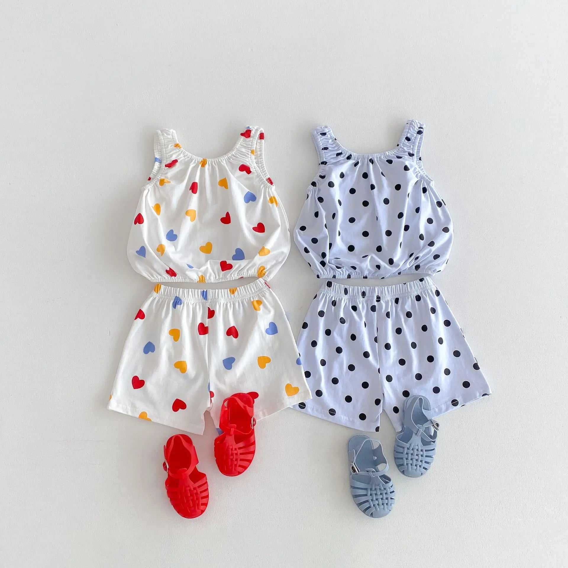 -キッズセットアップ 2点セット キャミソールトップス+ショートパンツ カラフルハート/水玉ドットプリント【mh0005389】 - mamahalo shop - ノースリーブセットアップ -  べビー服 - 子供服 - 男の子 - 女の子