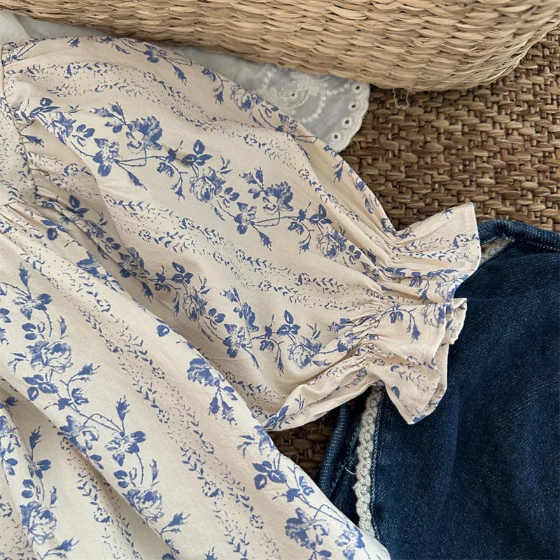 -キッズトップス フリルスタンドカラーフラワーストライププリント長袖パフスリーブチュニックブラウス - mamahalo shop - 長袖シャツ・ブラウス -  べビー服 - 子供服 - 男の子 - 女の子