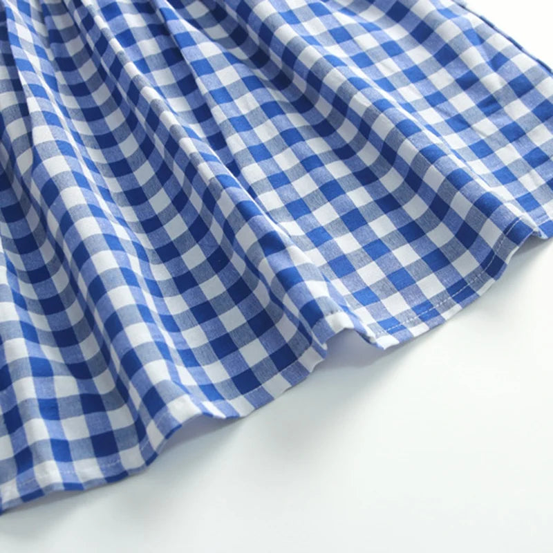 -キッズワンピース 半袖パフスリーブ チェック ブルー【mh0006041】 - mamahalo shop - 半袖ワンピース -  べビー服 - 子供服 - 男の子 - 女の子