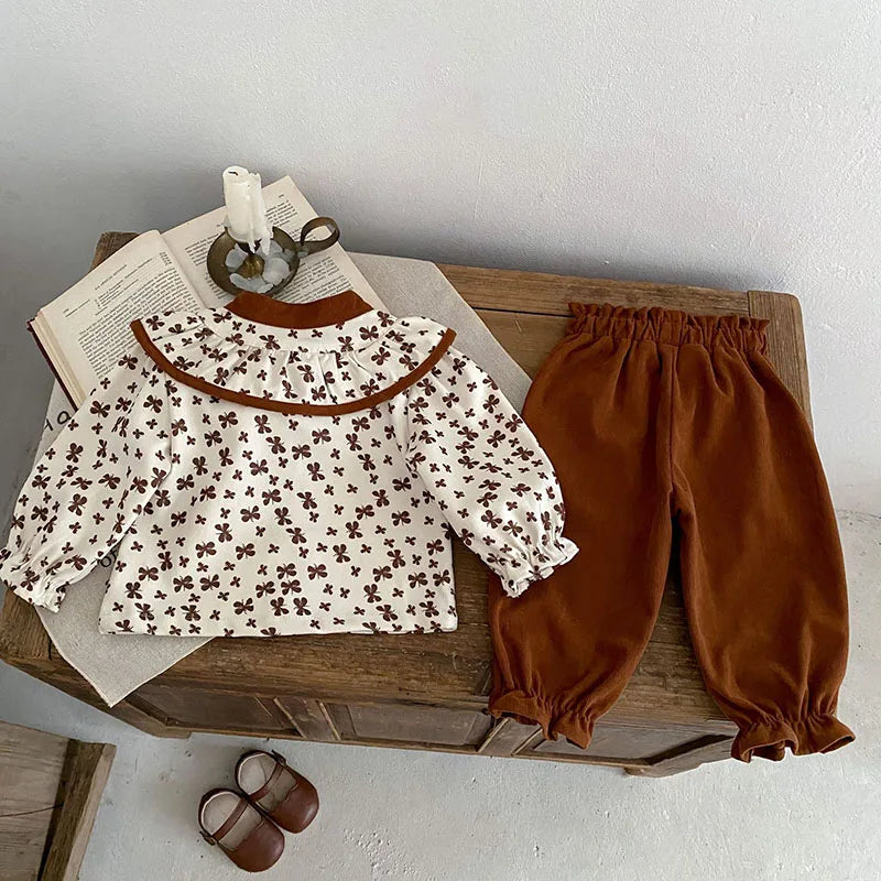 -ベビーセットアップ 2点セット 長袖ブラウス リボンロングパンツ ブラウン - mamahalo shop - 長袖セットアップ -  べビー服 - 子供服 - 男の子 - 女の子