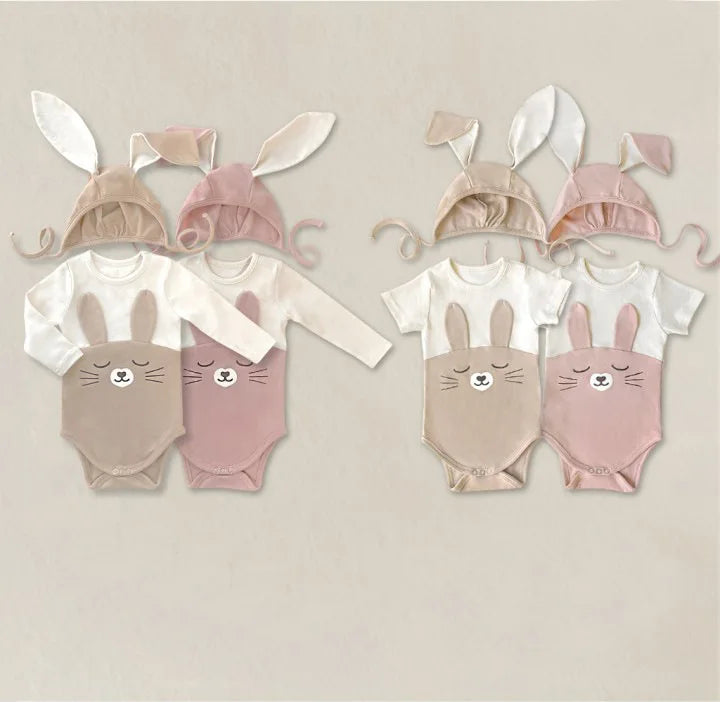 -ベビー うさぎ うさ耳 バニー ドッキング 半袖 ロンパース 耳帽子 セット ピンク アプリコット ユニセックス【mh0001994】 - mamahalo shop - 半袖ロンパース -  べビー服 - 子供服 - 男の子 - 女の子