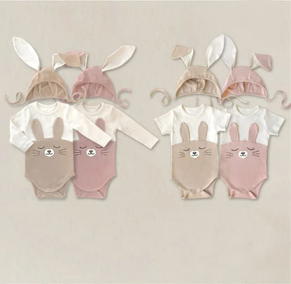 -ベビー うさぎ うさ耳 バニー ドッキング 半袖 ロンパース 耳帽子 セット ピンク アプリコット ユニセックス【mh0001994】 - mamahalo shop - 半袖ロンパース -  べビー服 - 子供服 - 男の子 - 女の子