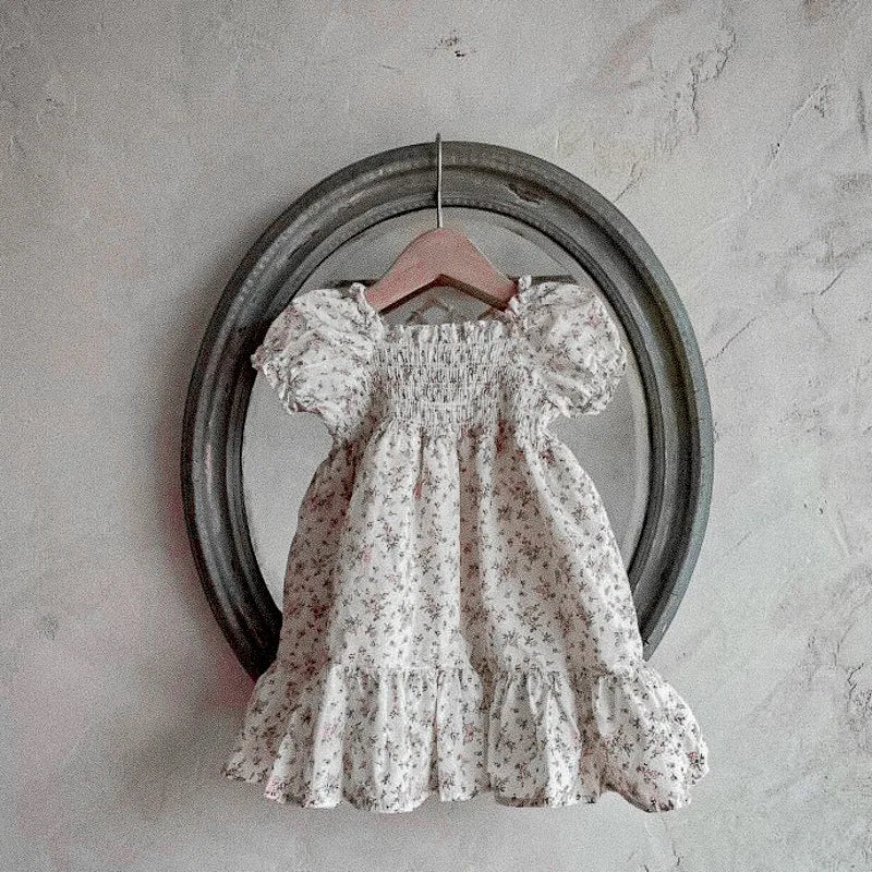 -ベビーワンピース 半袖パフスリーブ シャーリング サマードレス フラワー花柄プリント 3カラー【mh0005345】 - mamahalo shop - 半袖ワンピース -  べビー服 - 子供服 - 男の子 - 女の子