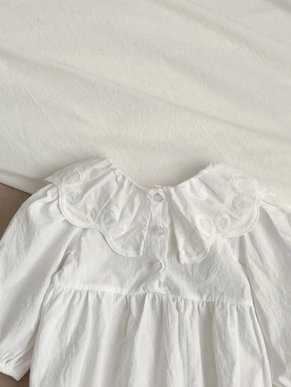 -ベビーロンパース ヘアバンドセット 長袖サークル襟ボディスーツ+リボンヘアバンド ホワイト【mh0004697】 - mamahalo shop - 長袖ロンパース -  べビー服 - 子供服 - 男の子 - 女の子