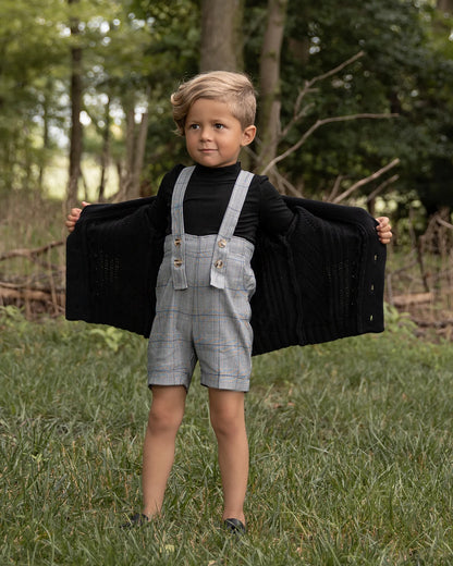 -ベビーキッズジュニア ケーブルニットカーディガン トラッドチェック サスペンダーパンツ ロングパンツ リンクコーデ 兄弟お揃い お出かけ - mamahalo shop - サロペットパンツ・サスペンダーパンツ -  べビー服 - 子供服 - 男の子 - 女の子