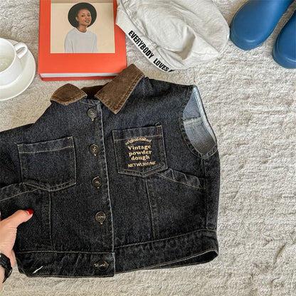 -キッズベスト デニムベスト 襟付き前あき ノースリーブジャケット 2カラー - mamahalo shop - ベスト -  べビー服 - 子供服 - 男の子 - 女の子