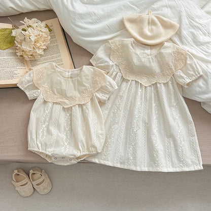 -ベビーロンパース/キッズワンピース 半袖 ビッグ襟 レースフラワー花柄刺繍 リンクコーデ 姉妹 お揃いコーデ【mh0005325】 - mamahalo shop - 半袖ロンパース -  べビー服 - 子供服 - 男の子 - 女の子