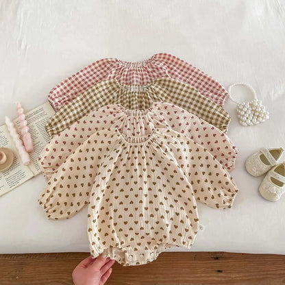 -☺︎  ベビーロンパース 長袖ルーズボディスーツ ハート チェックプリント柄 - mamahalo shop - 長袖ロンパース -  べビー服 - 子供服 - 男の子 - 女の子