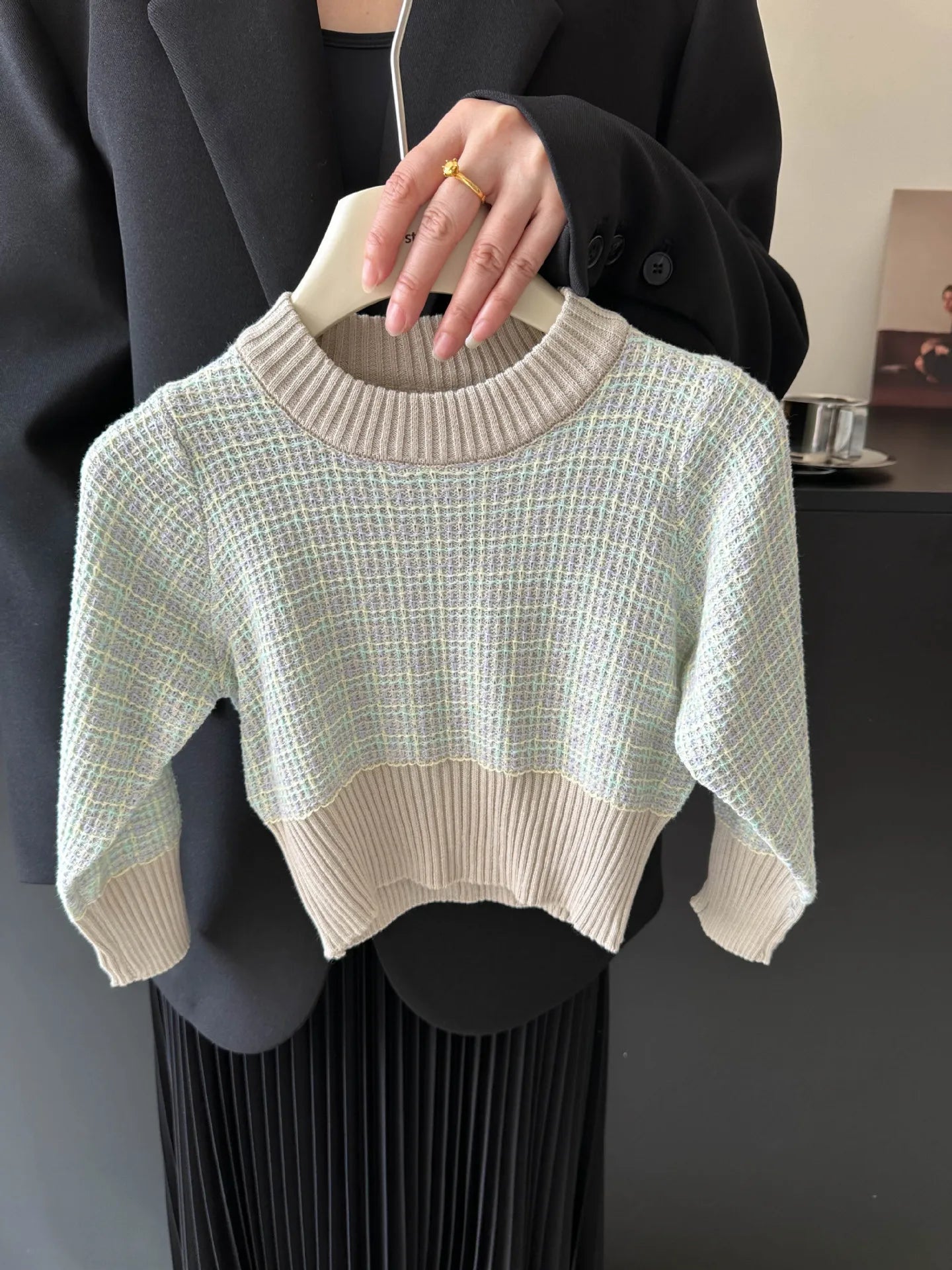 -キッズトップス/スカート ジャガードニットチェックバイカラー長袖セーター/プリーツミニスカート【mh0007376】 - mamahalo shop - 長袖セットアップ -  べビー服 - 子供服 - 男の子 - 女の子