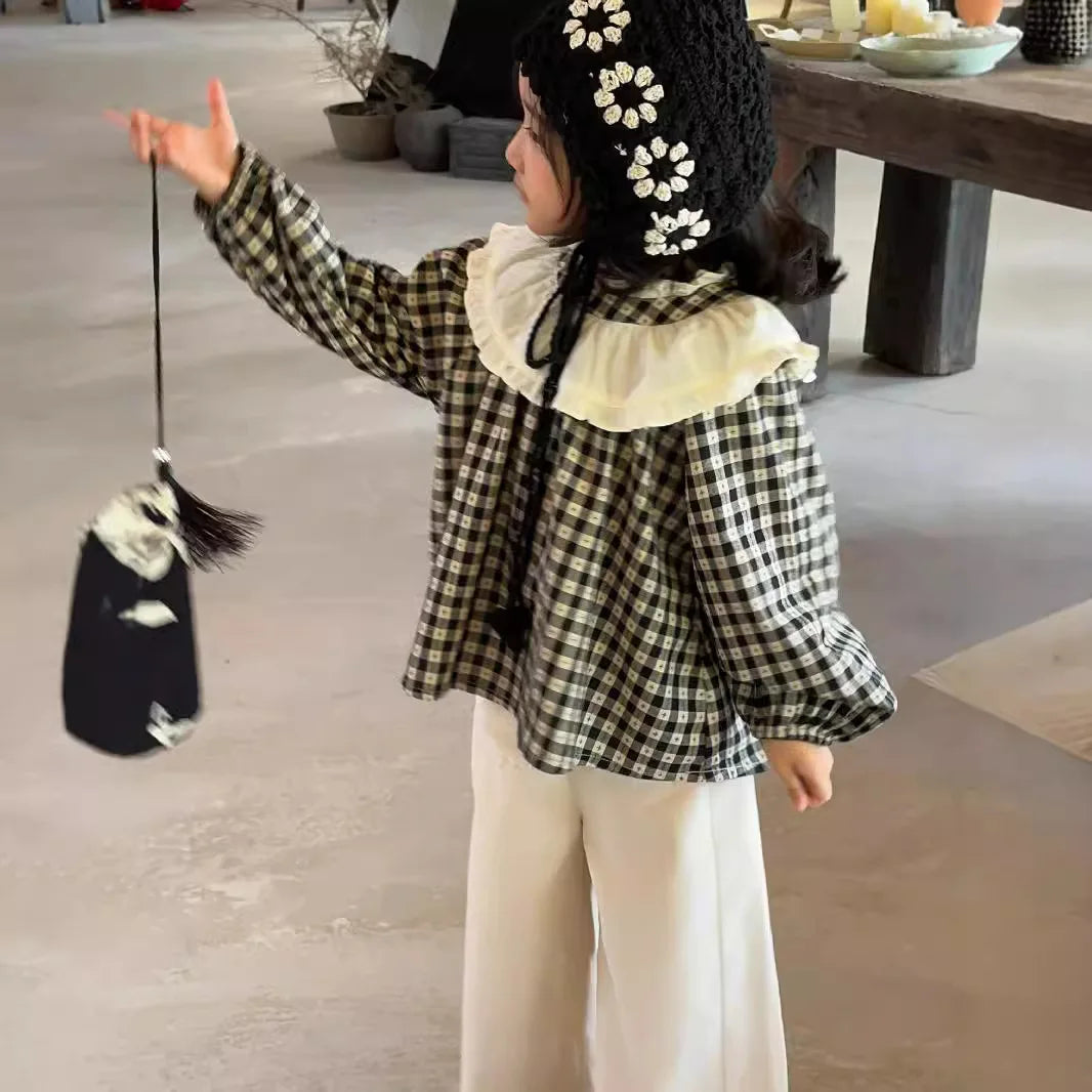 -キッズトップス ラッフル襟チェック長袖チュニックブラウス【mh0007319】 - mamahalo shop - 長袖シャツ・ブラウス -  べビー服 - 子供服 - 男の子 - 女の子