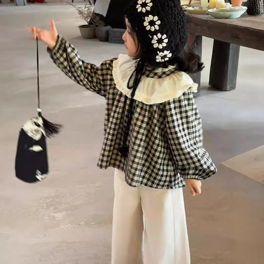 -キッズトップス ラッフル襟チェック長袖チュニックブラウス【mh0007319】 - mamahalo shop - 長袖シャツ・ブラウス -  べビー服 - 子供服 - 男の子 - 女の子