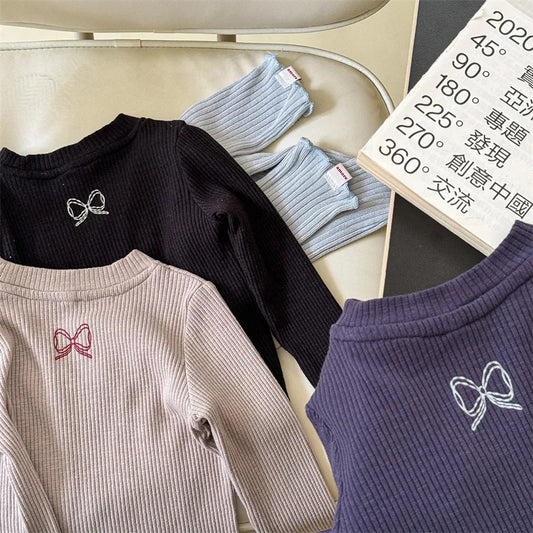 -キッズトップス リボンアップリケ刺繍長袖カットソーTシャツ 3カラー - mamahalo shop - 長袖Tシャツ -  べビー服 - 子供服 - 男の子 - 女の子