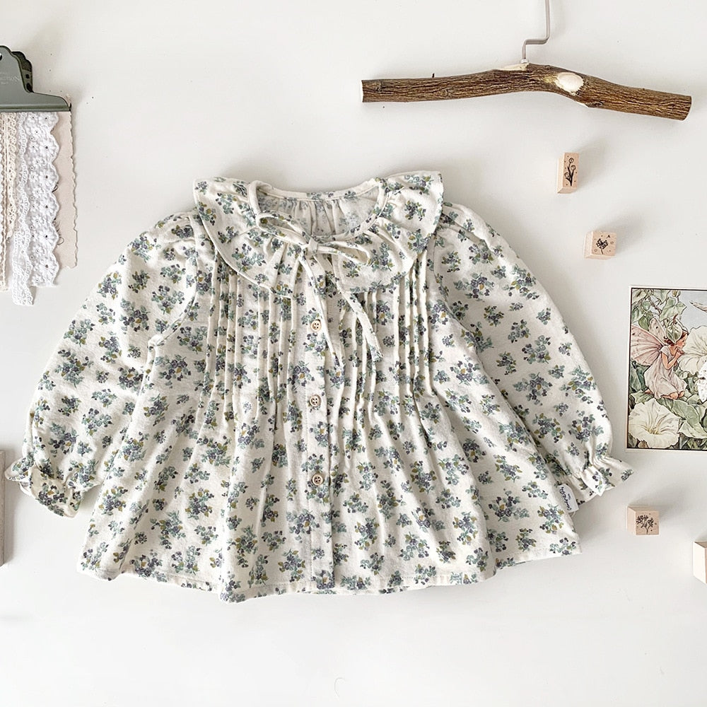 -ベビー キッズ フリル フラワー 花柄 ピンタック 長袖 チュニック ブラウス シャツ ガールズ - mamahalo shop - 長袖シャツ・ブラウス -  べビー服 - 子供服 - 男の子 - 女の子