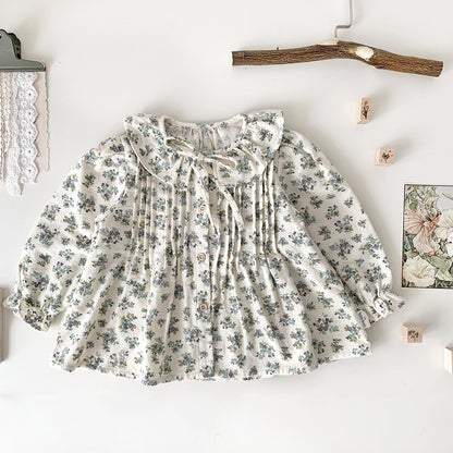 -ベビー キッズ フリル フラワー 花柄 ピンタック 長袖 チュニック ブラウス シャツ ガールズ - mamahalo shop - 長袖シャツ・ブラウス -  べビー服 - 子供服 - 男の子 - 女の子