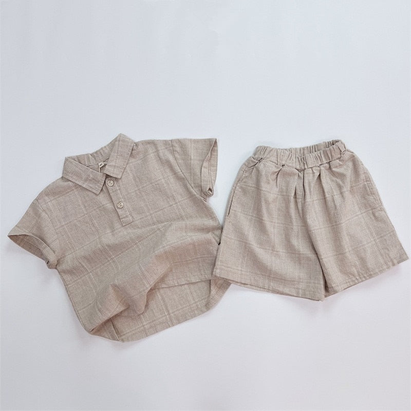-キッズ グレンチェック セットアップ 半袖 シャツ ショートパンツ ベージュ ダークグレー ボーイズ - mamahalo shop - 半袖セットアップ -  べビー服 - 子供服 - 男の子 - 女の子