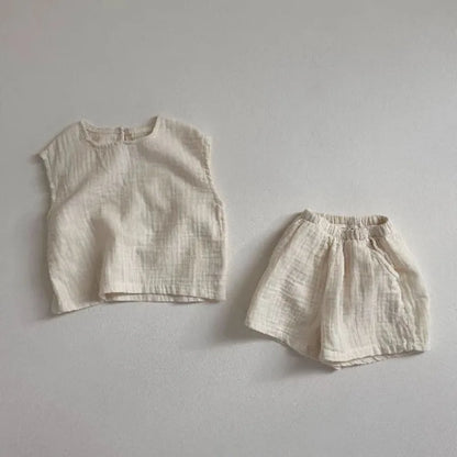 -ベビーセットアップ 2点セット ノースリーブトップス+ショートパンツ シンプルベーシック 2カラー - mamahalo shop - ノースリーブセットアップ -  べビー服 - 子供服 - 男の子 - 女の子