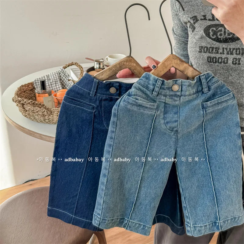 -キッズパンツ デニムパンツ ワイドストレートジーンズ バギーパンツ ジーパン 2カラー - mamahalo shop - デニムパンツ -  べビー服 - 子供服 - 男の子 - 女の子