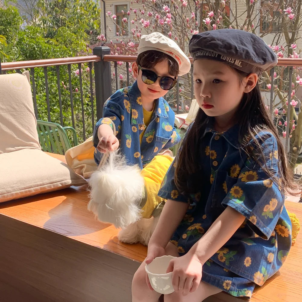 -☺︎ キッズセットアップ 2点セット デニム ひまわりプリント 半袖シャツ+ショートパンツ - mamahalo shop - 半袖セットアップ -  べビー服 - 子供服 - 男の子 - 女の子