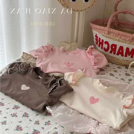 キッズトップス ハート刺繍ショルダーフリル長袖Tシャツ 3カラー - mamahalo shop - 長袖Tシャツ -  べビー服 - 子供服 - 男の子 - 女の子