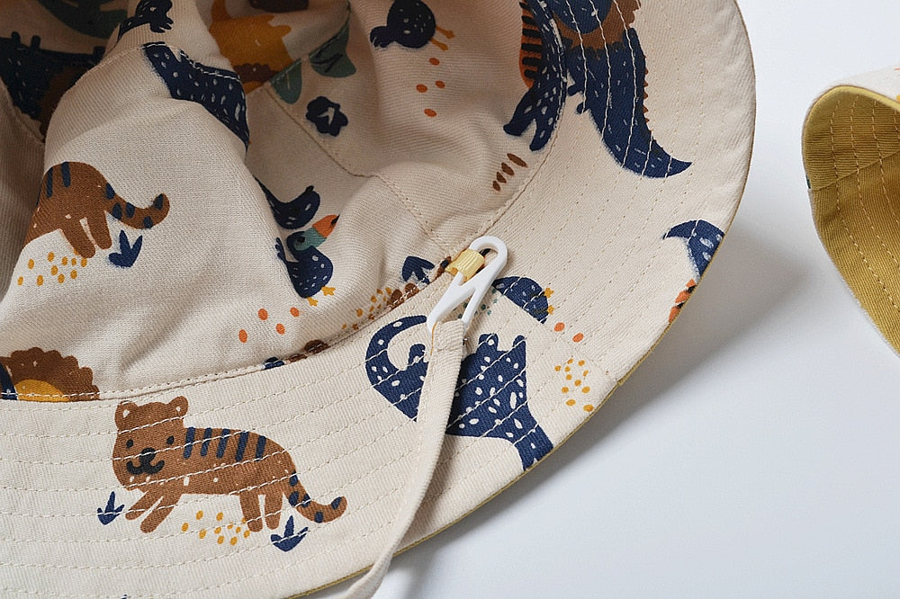 -ベビー キッズ ダイナソー 恐竜 スマイル 刺繍 リバーシブル バケットハット 帽子 ボーイズ - mamahalo shop - ベビー用帽子 -  べビー服 - 子供服 - 男の子 - 女の子