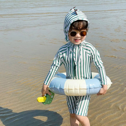 -キッズ水着 帽子セット 長袖ラッシュガード つなぎ ワンピース スイムウェア ストライプ 恐竜ダイナソープリント - mamahalo shop - ベビー用水着 -  べビー服 - 子供服 - 男の子 - 女の子