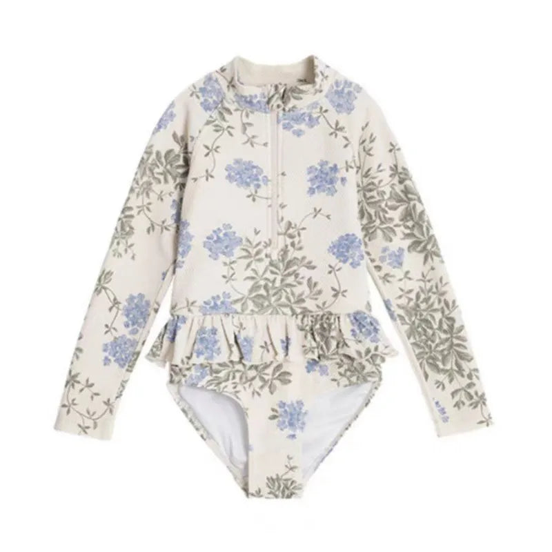 -キッズ水着 ガールズ 長袖ジップアップ ワンピース+帽子セット フリル フラワー花柄プリント スイムウェア【mh0005976】 - mamahalo shop - ベビー用水着 -  べビー服 - 子供服 - 男の子 - 女の子