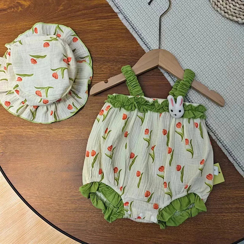 -☺︎ ベビーロンパース 帽子セット キャミソールボディスーツ チューリッププリント フリルチューリップハット グリーン - mamahalo shop - ノースリーブロンパース -  べビー服 - 子供服 - 男の子 - 女の子