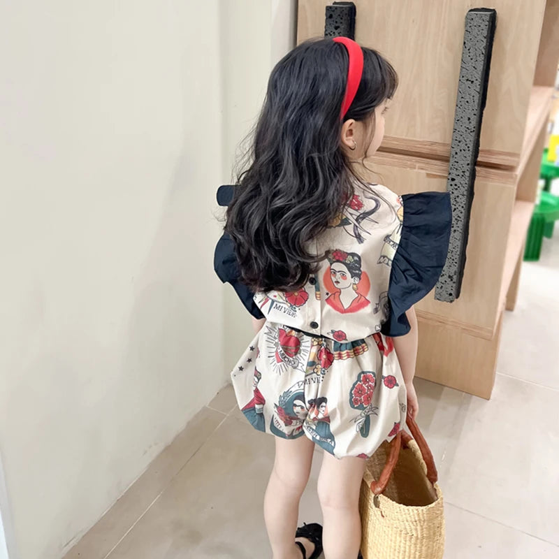 -キッズセットアップ 2点セット バタフライスリーブトップス+バルーンショートパンツ レトロプリント【mh0005902】 - mamahalo shop - ノースリーブセットアップ -  べビー服 - 子供服 - 男の子 - 女の子