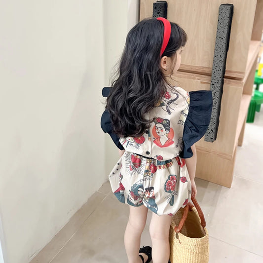 -キッズセットアップ 2点セット バタフライスリーブトップス+バルーンショートパンツ レトロプリント【mh0005902】 - mamahalo shop - ノースリーブセットアップ -  べビー服 - 子供服 - 男の子 - 女の子