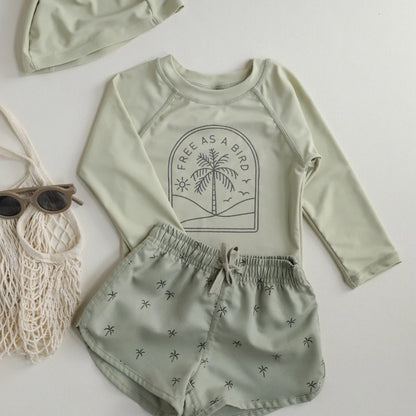 -キッズ水着 ボーイズ 長袖 セパレート トップス+パンツ ストライプ/チェック スイムウェア【mh0005994】 - mamahalo shop - ベビー用水着 -  べビー服 - 子供服 - 男の子 - 女の子