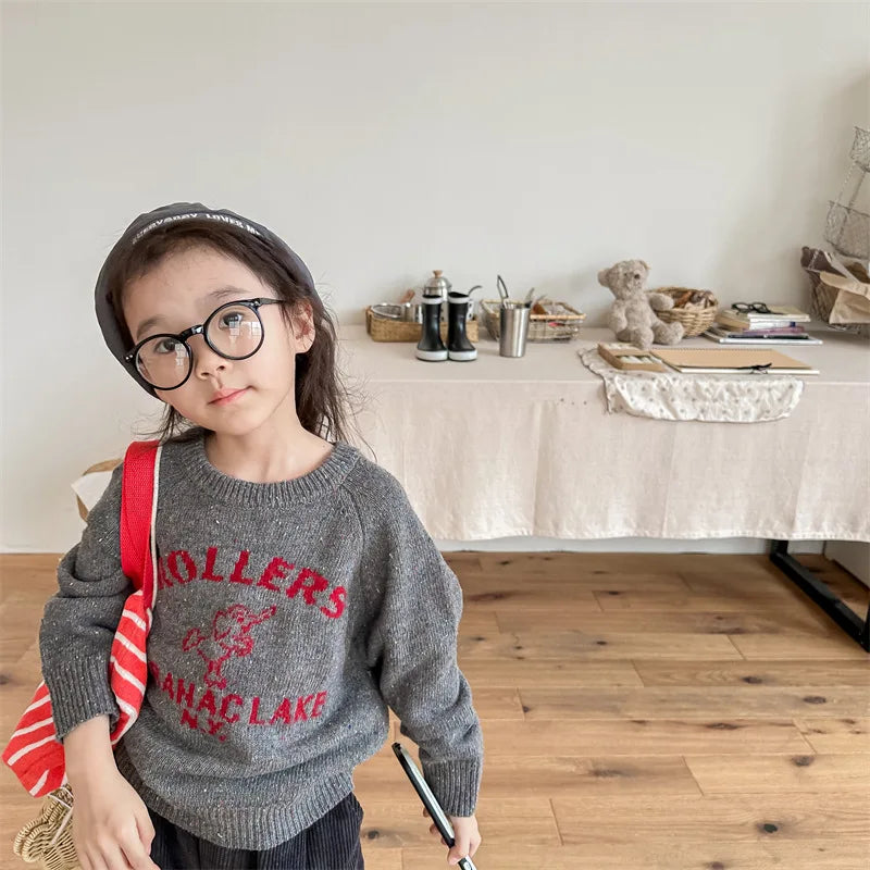 -キッズトップス ニットセーター 象 エレファント ローラースケート柄 カーキ ダークグレー 2カラー【mh0003824】 - mamahalo shop - ニット・セーター -  べビー服 - 子供服 - 男の子 - 女の子