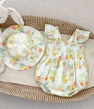 -ベビーロンパース ノースリーブシャーリングボディスーツ＋帽子セット フラワー花柄プリント【mh0005107】 - mamahalo shop - ノースリーブロンパース -  べビー服 - 子供服 - 男の子 - 女の子