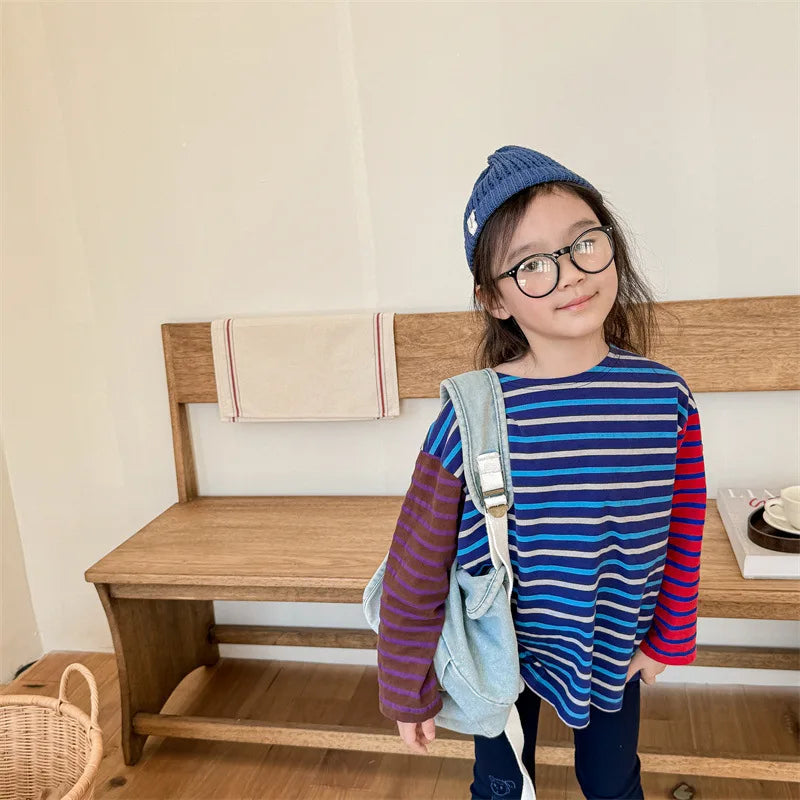 -キッズトップス ボーダーカラフルパッチワーク長袖Tシャツ 2カラー - mamahalo shop - 長袖Tシャツ -  べビー服 - 子供服 - 男の子 - 女の子