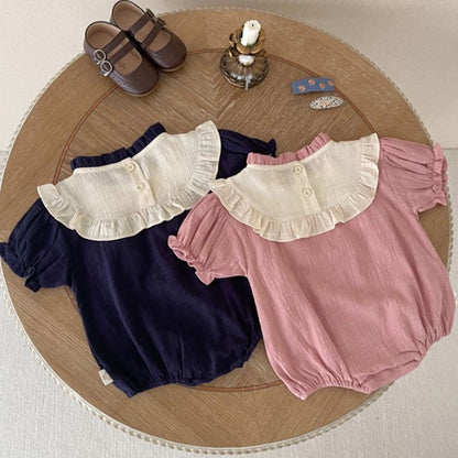 -ベビー フラワー 刺繍 フリルビブ 半袖 ロンパース ピンク ネイビー ガールズ【mh0002042】 - mamahalo shop - 半袖ロンパース -  べビー服 - 子供服 - 男の子 - 女の子