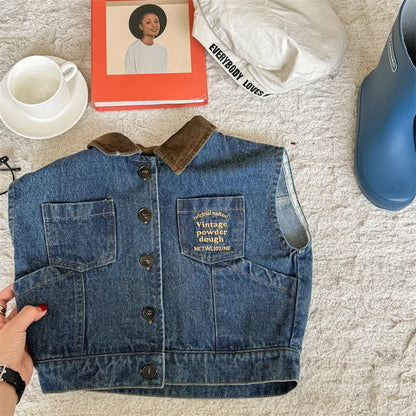 -キッズベスト デニムベスト 襟付き前あき ノースリーブジャケット 2カラー - mamahalo shop - ベスト -  べビー服 - 子供服 - 男の子 - 女の子