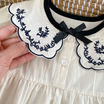 -ベビーロンパース レース刺繍リボン襟長袖ボディスーツ ホワイト - mamahalo shop - 長袖ロンパース -  べビー服 - 子供服 - 男の子 - 女の子