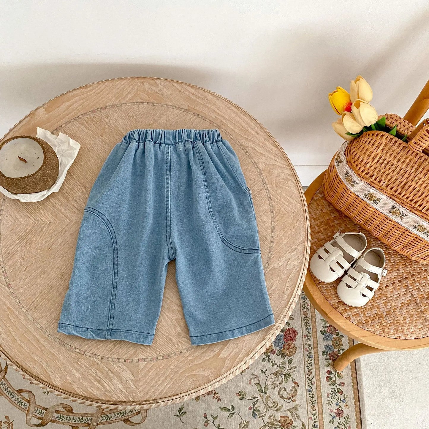 -キッズパンツ サマーデニム 薄手 クロップドパンツ ブルー【mh0006088】 - mamahalo shop - デニムパンツ -  べビー服 - 子供服 - 男の子 - 女の子