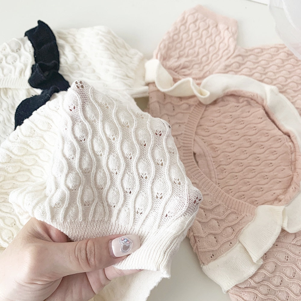 -キッズ ニット バックオープン 半袖 Tシャツ ブラウス カットソー ホワイト ピンク ガールズ - mamahalo shop - ニット・セーター -  べビー服 - 子供服 - 男の子 - 女の子