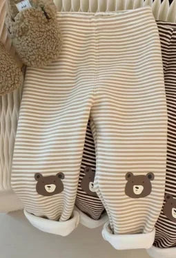 -ベビーパンツ ベアくま膝パッチボーダー裏ボアフリースレギンスパンツ 3カラー - mamahalo shop - レギンスパンツ -  べビー服 - 子供服 - 男の子 - 女の子
