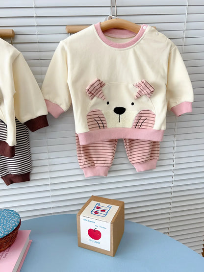 -ベビーキッズセットアップ 2点セット ベアくまアップリケ長袖Tシャツ+ボーダーロングパンツ 2カラー - mamahalo shop - 長袖セットアップ -  べビー服 - 子供服 - 男の子 - 女の子