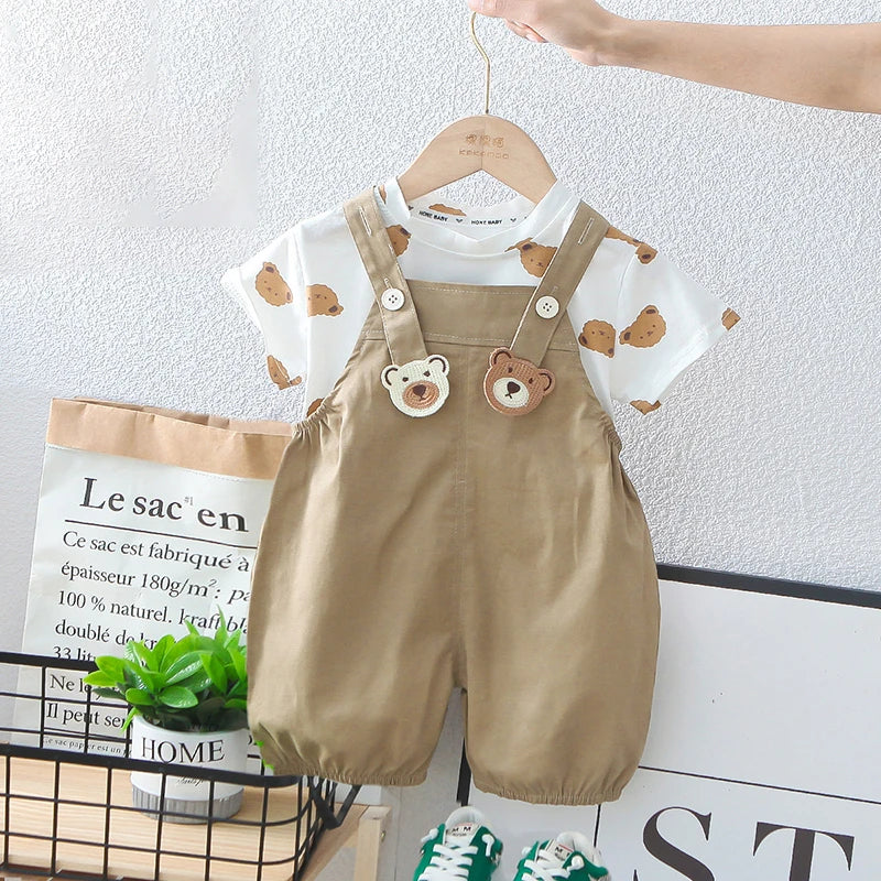 -キッズセットアップ 2点セット 半袖Tシャツ+オーバーオール ベアくま 2カラー【mh0006526】 - mamahalo shop - 半袖セットアップ -  べビー服 - 子供服 - 男の子 - 女の子
