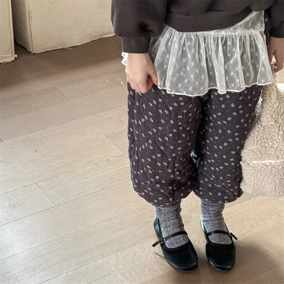 -キッズパンツ フラワープリントキルティング厚手防寒パンツ 2カラー - mamahalo shop - ロングパンツ・スウェットパンツ -  べビー服 - 子供服 - 男の子 - 女の子