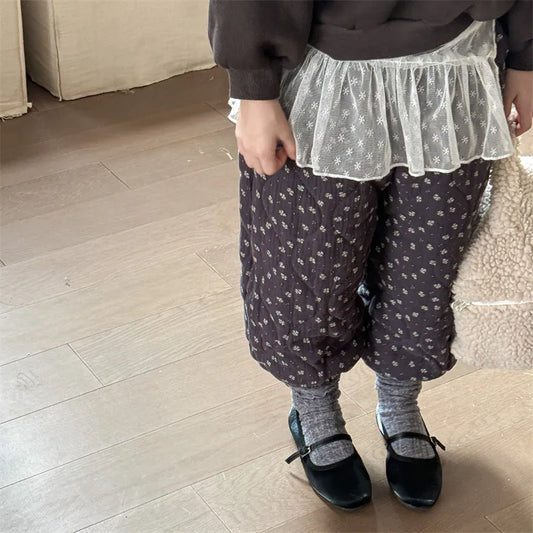 -キッズパンツ フラワープリントキルティング厚手防寒パンツ 2カラー - mamahalo shop - ロングパンツ・スウェットパンツ -  べビー服 - 子供服 - 男の子 - 女の子