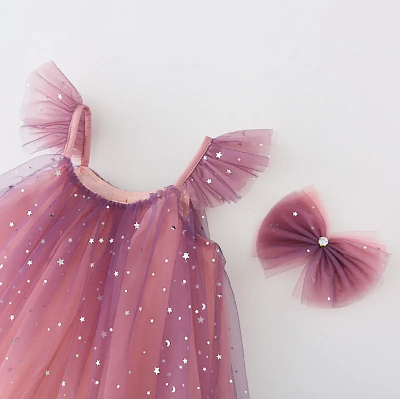 -キッズワンピース チュチュ チュール フリルショルダー サマードレス パーティドレス スパンコール リボン 3カラー【mh0005777】 - mamahalo shop - ノースリーブワンピース -  べビー服 - 子供服 - 男の子 - 女の子