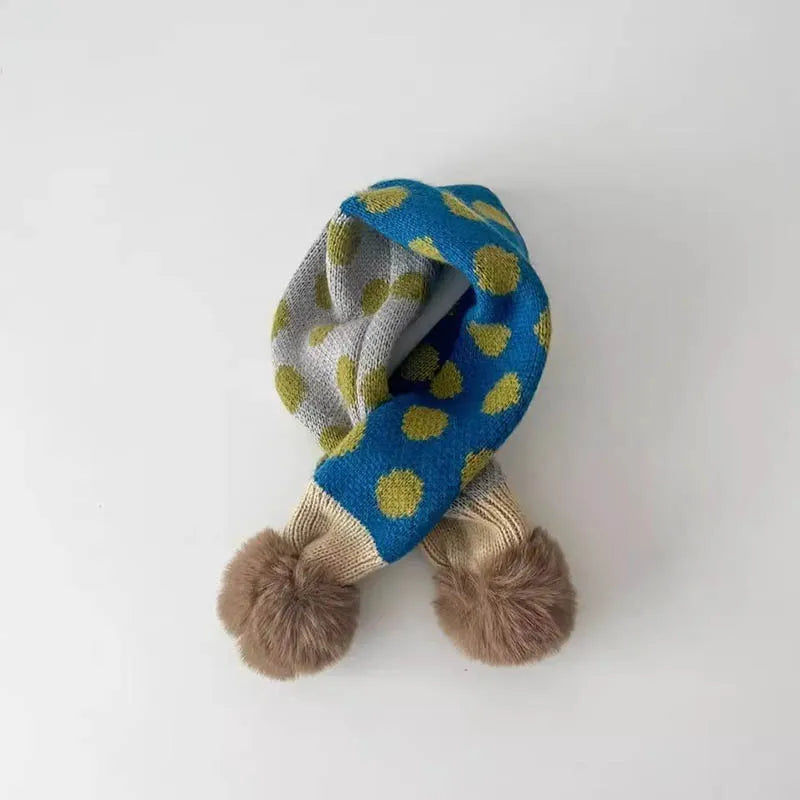 -キッズマフラー ニット ネックウォーマー ぽんぽん付き 水玉ポルカドット チェック 12カラー - mamahalo shop - ネックウォーマー -  べビー服 - 子供服 - 男の子 - 女の子