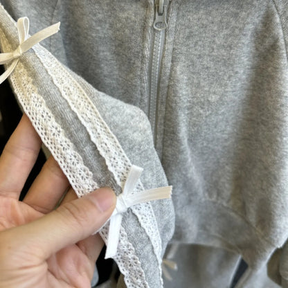 -キッズセットアップ 2点セット リボンサイドラインフーディジッパー長袖スウェットパーカー+スウェットパンツ グレー - mamahalo shop - 長袖セットアップ -  べビー服 - 子供服 - 男の子 - 女の子