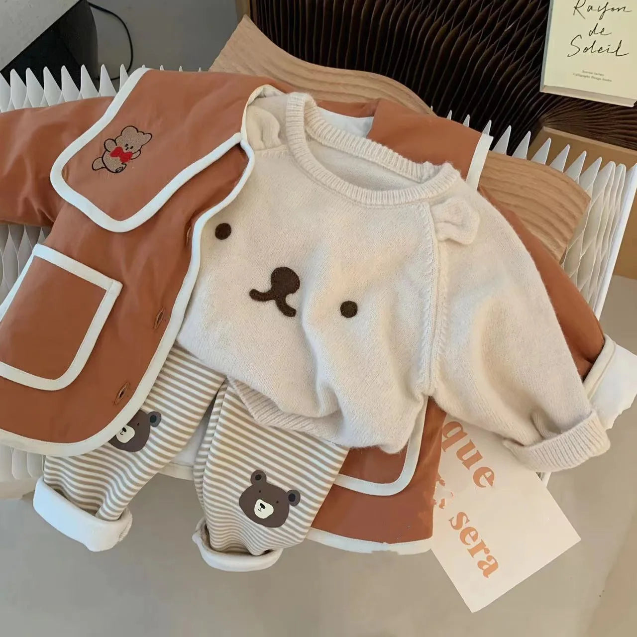 -ベビーパンツ ベアくま膝パッチボーダー裏ボアフリースレギンスパンツ 3カラー - mamahalo shop - レギンスパンツ -  べビー服 - 子供服 - 男の子 - 女の子